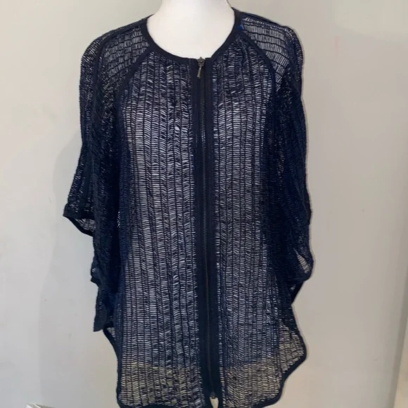 Per Se by Carlisle navy leather open mesh zip front cardigan poncho NWOT